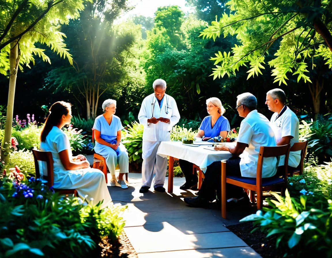 A serene scene depicting a diverse group of people, including patients, family members, and healthcare professionals, coming together in a supportive environment. Bright sunlight filters through a lush garden, symbolizing hope and healing. The group is engaged in thoughtful conversation, with elements of care such as flower arrangements and supportive literature visible. Emphasize warmth, connection, and empowerment. super-realistic. vibrant colors. soft focus.