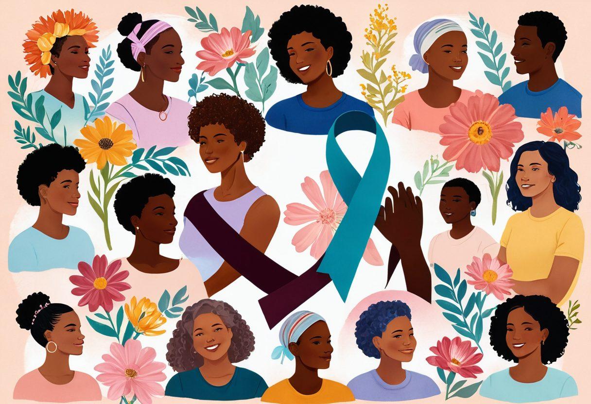 A heartwarming collage showcasing diverse individuals sharing their cancer survivor stories, intertwined with symbolic elements like a ribbon for awareness, blooming flowers representing hope, and supportive hands joining together. The background features soothing colors, radiating strength and positivity, emphasizing community and resilience. super-realistic. vibrant colors. soft gradient background.
