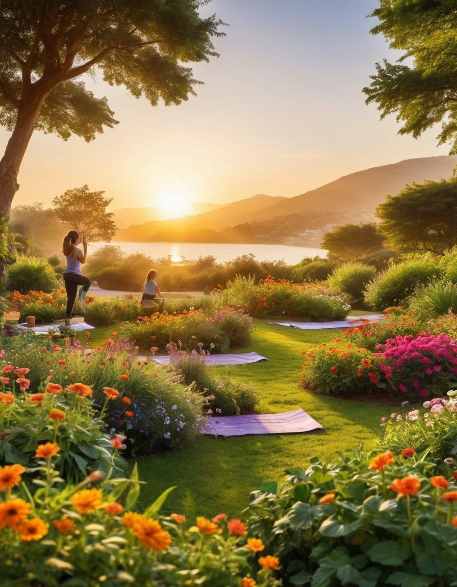 A serene landscape featuring a diverse group of people engaging in healthy activities like yoga, jogging, and cooking wholesome meals, surrounded by vibrant greenery and bright flowers. In the background, a sunset casts a golden hue over the scene, symbolizing hope and wellness. Include elements like fresh fruits and vegetables, exercise gear, and inspirational quotes subtly incorporated into the scenery. super-realistic. vibrant colors. uplifting atmosphere.